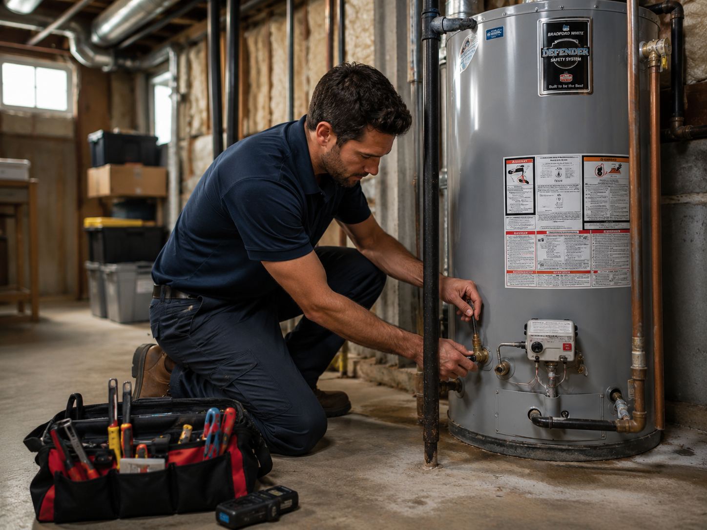Technician checking basement water and sump equipment in an older home