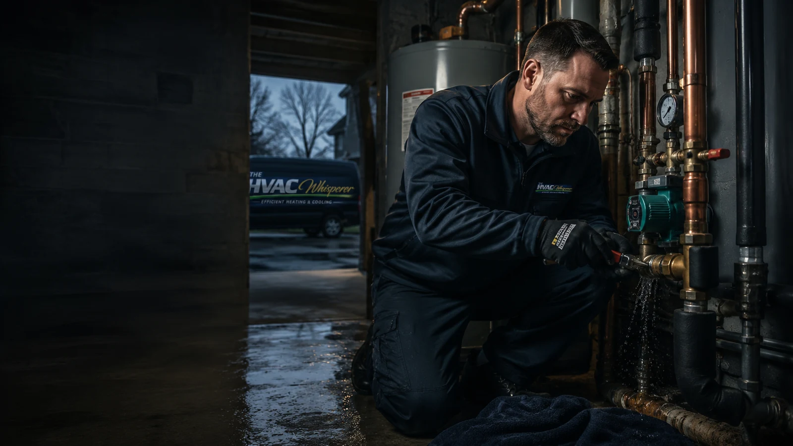 The HVAC Whisperer technician diagnosing a plumbing leak in a local utility room