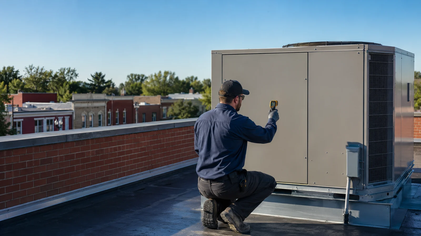A technician checking HVAC equipment for a homeowner guide