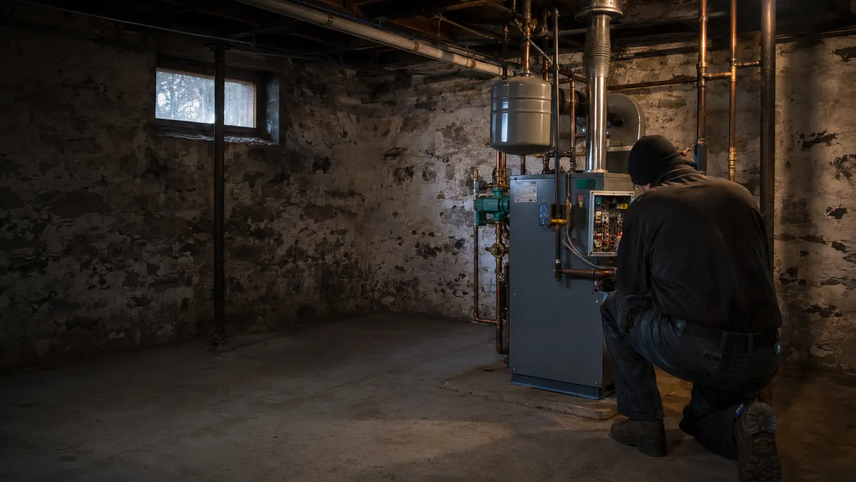 Technician inspecting a boiler against a basement foundation wall in an older Upstate New York home